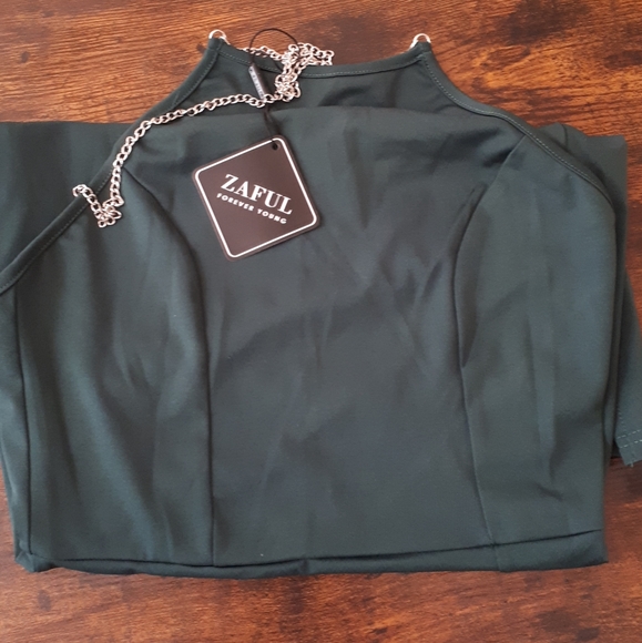 Backless Chain Detailed High Slit Green Mini Dress - Picture 4 of 4